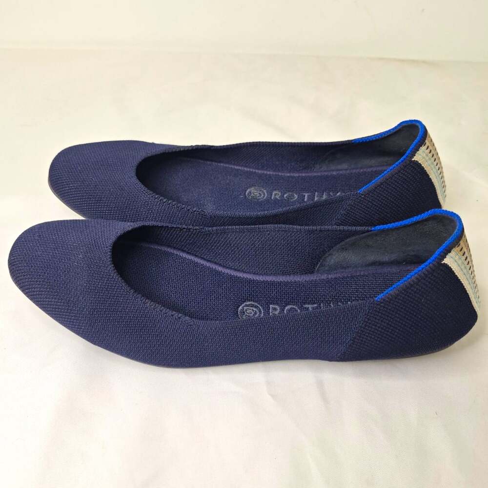 Rothy’s Square Toe Navy Blue Ballet Flat Heel Stripe sz 10